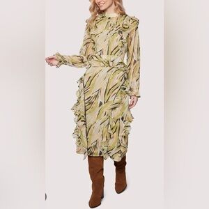 Lost + Wander Arroyo Willow Green Midi Chiffon Ruffle Dress, Size Small